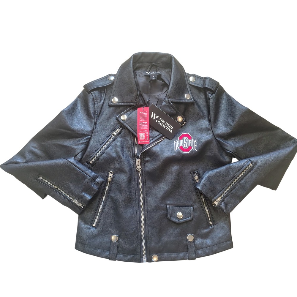 Women's Black Leather Moto Jacket with Ohio State Patch